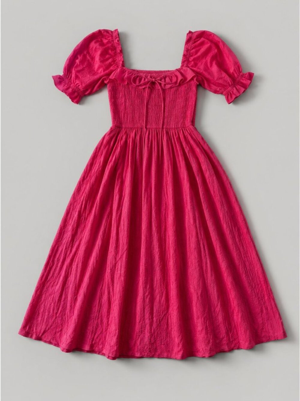 Pink Smocked Midi Dress Small Puff Sleeve Ruffle Neckline Cottagecore Boho retro